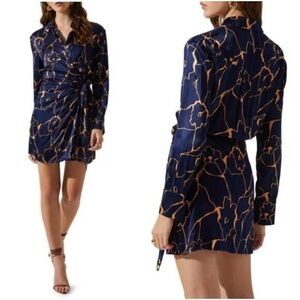 NWT - ASTR the Label Brielle Wrap Long Sleeve Dress in Navy Print